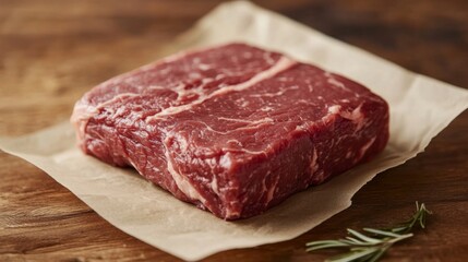 Fototapeta premium Raw Beef Steak on Brown Paper on Wooden Table