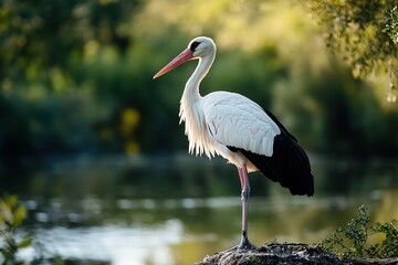Fototapeta premium A tall and elegant stork standing gracefully near a riverbank, its wings folded