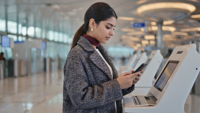 Busy Traveler: A woman in a chic coat navigates her smartphone at an airport kiosk, embodying the modern pace of travel and connectivity.