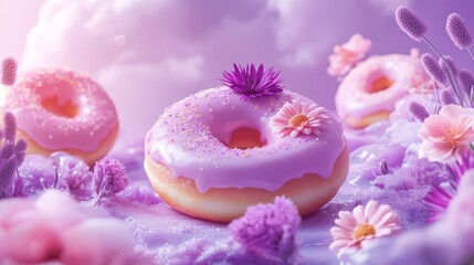 Delicate pink and purple donuts adorned with flowers, bathed in soft light.