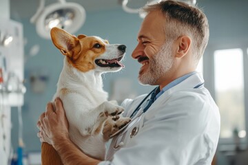 Adult man veterinarian holding dog in his hands and laughing, bright modern medical office. High quality photo