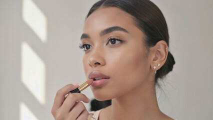 Applying Lip Color: A young woman with a warm complexion carefully applies a lipstick, her expression serene and focused. The soft, natural light enhances her features.