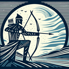Nomadic Archer Landscape. A stylized illustration of a nomadic archer in a vast, open landscape. Ancient Archery and Warfare.