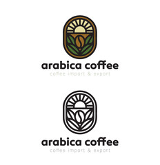 Logo for a coffee company. Coffee beans and leaves with the sun in the background.