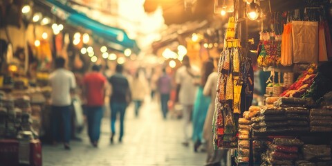 Obraz premium A busy market with people walking around and shopping