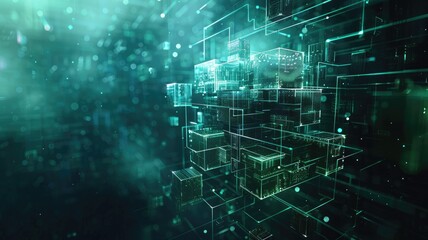 Naklejka premium Abstract colorful geometric shapes effect on surface of digital cyber design express scene of cyberspace style. High tech cube of data scenery in pattern perfect for wallpaper and background. AIG53.