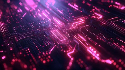 Obraz premium Intricate circuit board design illuminated by glowing pink light.