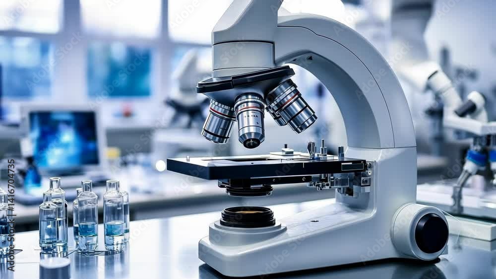 Poster modern laboratory microscope surrounded by glassware.