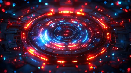 Futuristic technological interface with glowing rings.