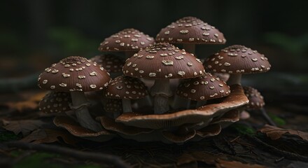 Cluster of Brown Mushrooms with White Spots in Forest Autumn Fungi Nature Photography