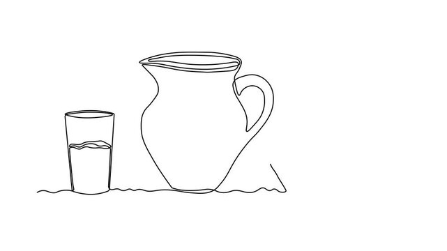 Abstract jug, pitcher for milk, water,juice and Viennese waffles, dessert for breakfast, Self drawing animation one continuous line draw, logo