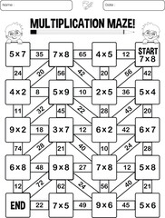 Multiplication maze puzzle worksheet for children
