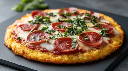 A detailed shot of keto cauliflower&acirc;&euro;&lsquo;crust pizza topped with pepperoni, basil, and melted mozzarella on a dark slate board, under warm studio lighting to highlight crispy edges and low&acirc;&euro;&lsquo;carb appeal