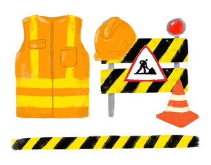 Cute set collections of safety road sign construction site helmet vest worker doodle kids illustration watercolor street traffic element boy birthday party theme