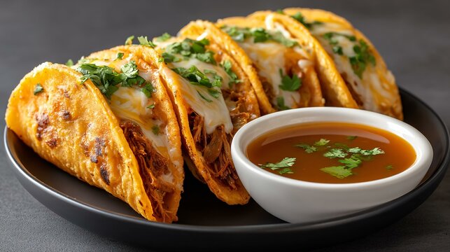 A mouth&acirc;&euro;&lsquo;watering shot of birria tacos with gooey cheese pull, rich consomm&Atilde;&copy; dipping sauce, and fresh cilantro on dark corn tortillas, captured with warm studio lighting for Mexican comfort food
