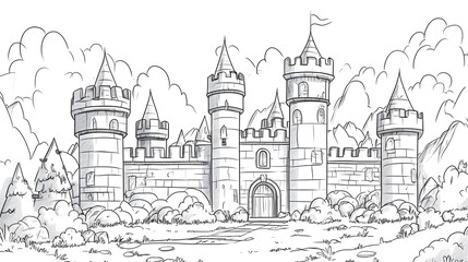 Obraz premium Fantasy Castle Coloring Page in Bold Black and White Line Art Style