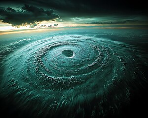 Massive storm vortex swirling over clouds at sunset.