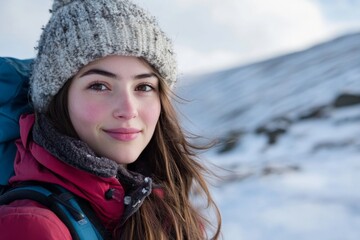 Solo travel, portrait of beautiful young woman in winter clothes, woman traveling alone in winter in mountains. High quality photo