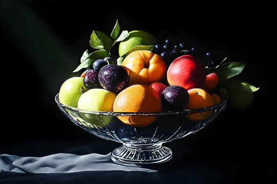 Fruit assortment in a glass bowl with dark background and dramatic lighting.