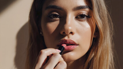 A Touch of Color: A young woman's captivating eyes meet the camera as she applies a touch of lipstick,  her natural beauty enhanced by soft, natural light that casts a warm glow across her face. 