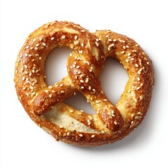 Close up of a single pretzel covered in sesame seeds isolated on white background