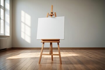 Wooden easel holding blank white canvas in empty room with sunlight from window