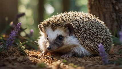 Fototapeta premium Hedgehog in Forest with Lavender Flowers