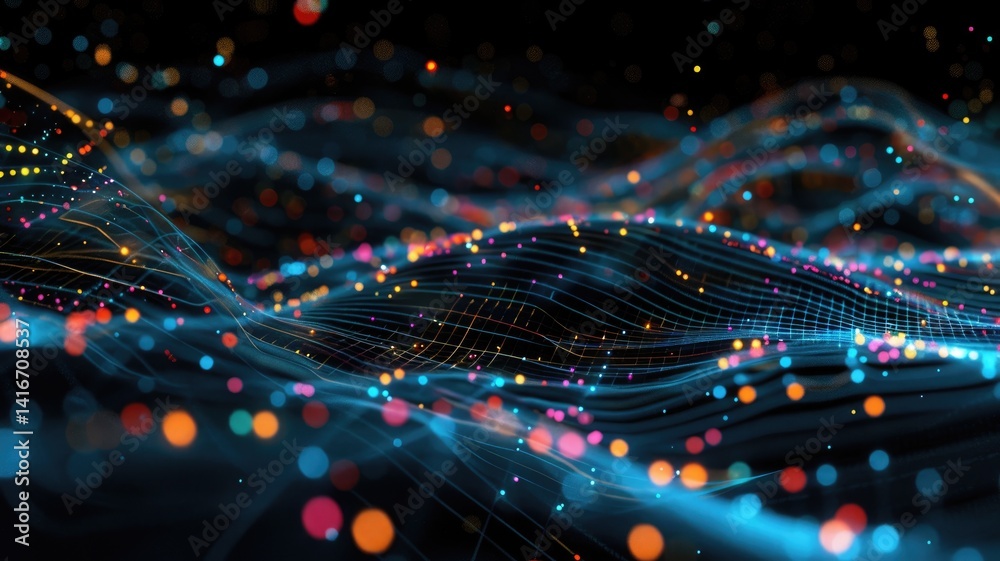Poster abstract visualization of glowing dots and lines on a dark background. digital artwork of glowing vi