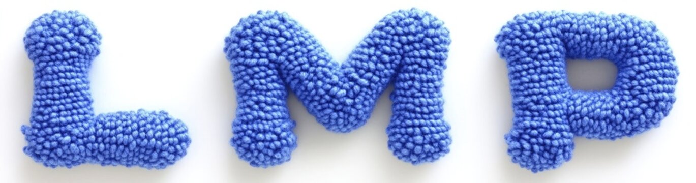Knit Blue Letters L, M, P, Blue Yarn Stitches on White Background, Wool Texture