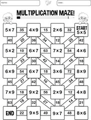 Multiplication maze puzzle worksheet for children