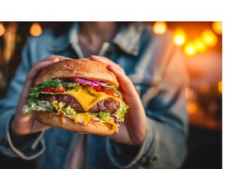 young woman eating hamburger. Girl bites cheeseburger with pleasure. Woman eating hambuger, order burger for takeaway food delivery at fastfood restaurant