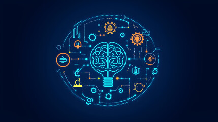 Brain idea circuit: Visualize the brilliance of the human brain intertwined with technology, its intricate network illuminated with a futuristic glow.