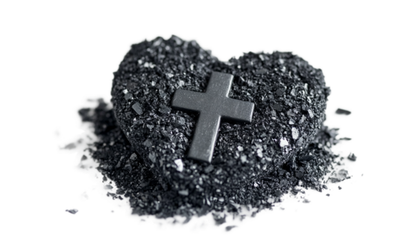 A symbolic heart-shaped ash formation blending into a cross on a sacred altar Isolated on transparent background. - Powered by Adobe