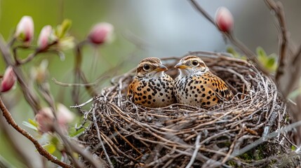 Wildlife emerging from winter hibernation, showcasing birds, animals, and insects returning to life as nature blooms in springtime. 
