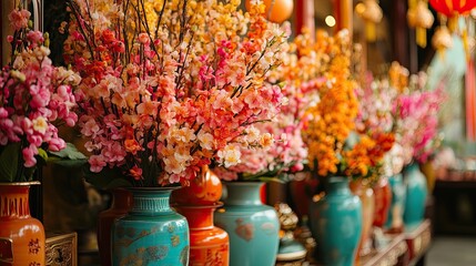 Spring festival decorations with vibrant colors, flowers, and festive items, perfect for celebrating the new season with joyful gatherings. 