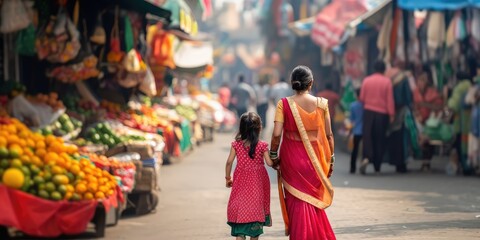 Obraz premium A woman and a child walk down a street in a market