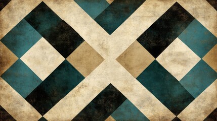 Distressed Geometric Pattern with Teal and Beige Squares