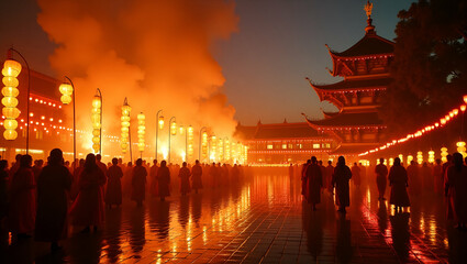 Vibrant buddhist festival unfolding with dynamic traditional ceremonies radiant lantern displays and culturally rich performances amidst a serene temple setting in  Photo Stock  Concept  and empty spa