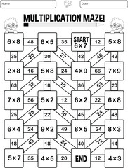 Multiplication maze puzzle worksheet for children