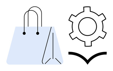 Shopping bag paired with a gear and upward arrow. Ideal for e-commerce, retail, growth, customization, innovation, decision-making, product strategy, simple landing page