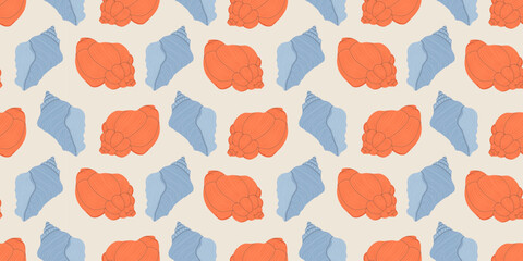 Seamless pattern with shells and seaweed illustration. Trendy pattern in flat style, design for wrapping paper, wallpaper, stickers, notebook cover. Marine summer background with shells. 