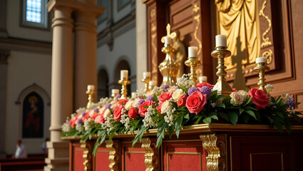 Elegant Ascension Day Altar Decoration: Ornamental Design with Vibrant Floral Accents and Timeless Ecclesiastical Artistry - Photo Stock Concept