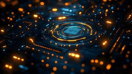 High-tech circuit board with glowing central processor.