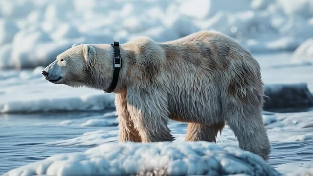 Polar bear equipped with tracking collar explores icy habitat for scientific research on migration patterns