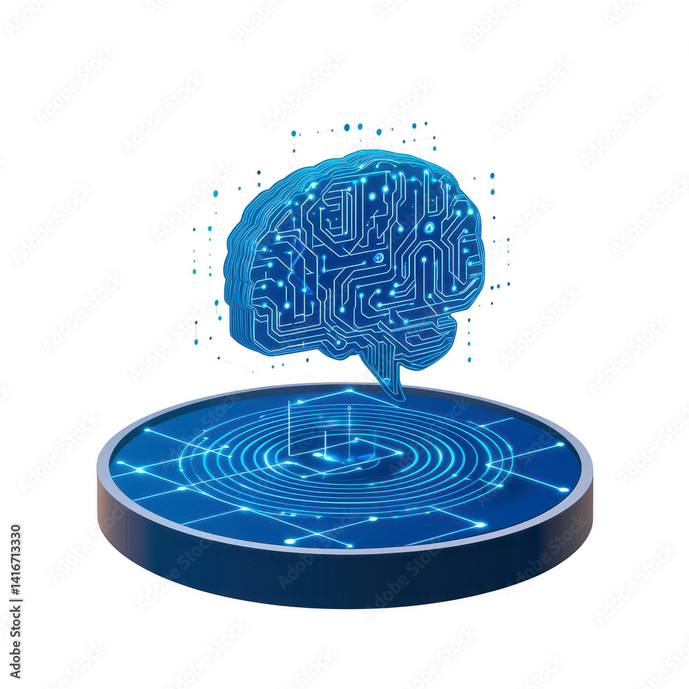 Poster digital brain with circuit patterns hovers above futuristic platform, symbolizing artificial intelli