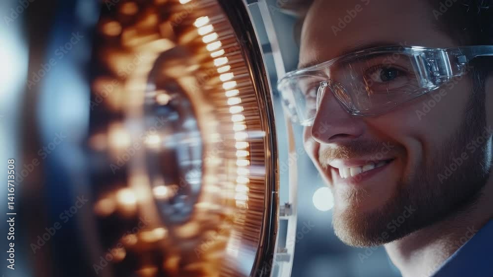 Poster focused engineer examines a machine component.