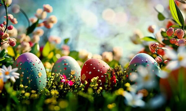 Happy easter background with Nests decoration, colorful eggs and Spring Flowers. Caster card on sunny spring background