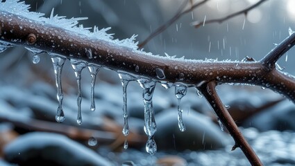 Macro Image of Icy Sleet Melting into Flowing Water on a Fragile Branch