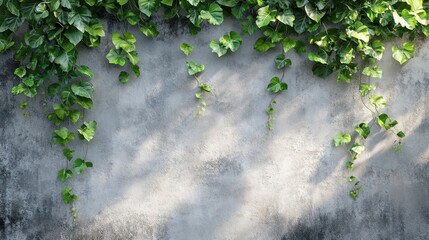 Green ivy creeps down a textured gray wall with beautiful shadows. This image creates natural framing for text or product placement.
