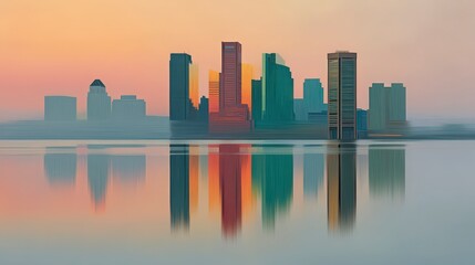 Naklejka premium Vibrant Cityscape Sunrise Reflection Urban Skyline Buildings Water Dawn